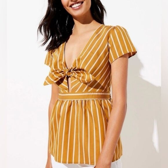 LOFT Beach Golden Tan and White Striped Tie Front Short Sleeve Blouse - Picture 1 of 11